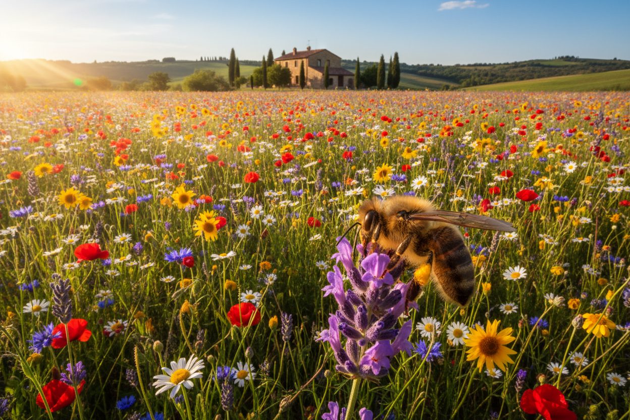 campo di mille fiori con ape e concetto del miele